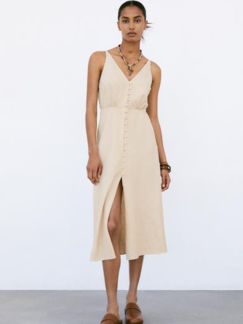 ZARA BUTTONED LINEN BLEND MIDI DRESS - Sand 0/7914/895/711/04 Size L